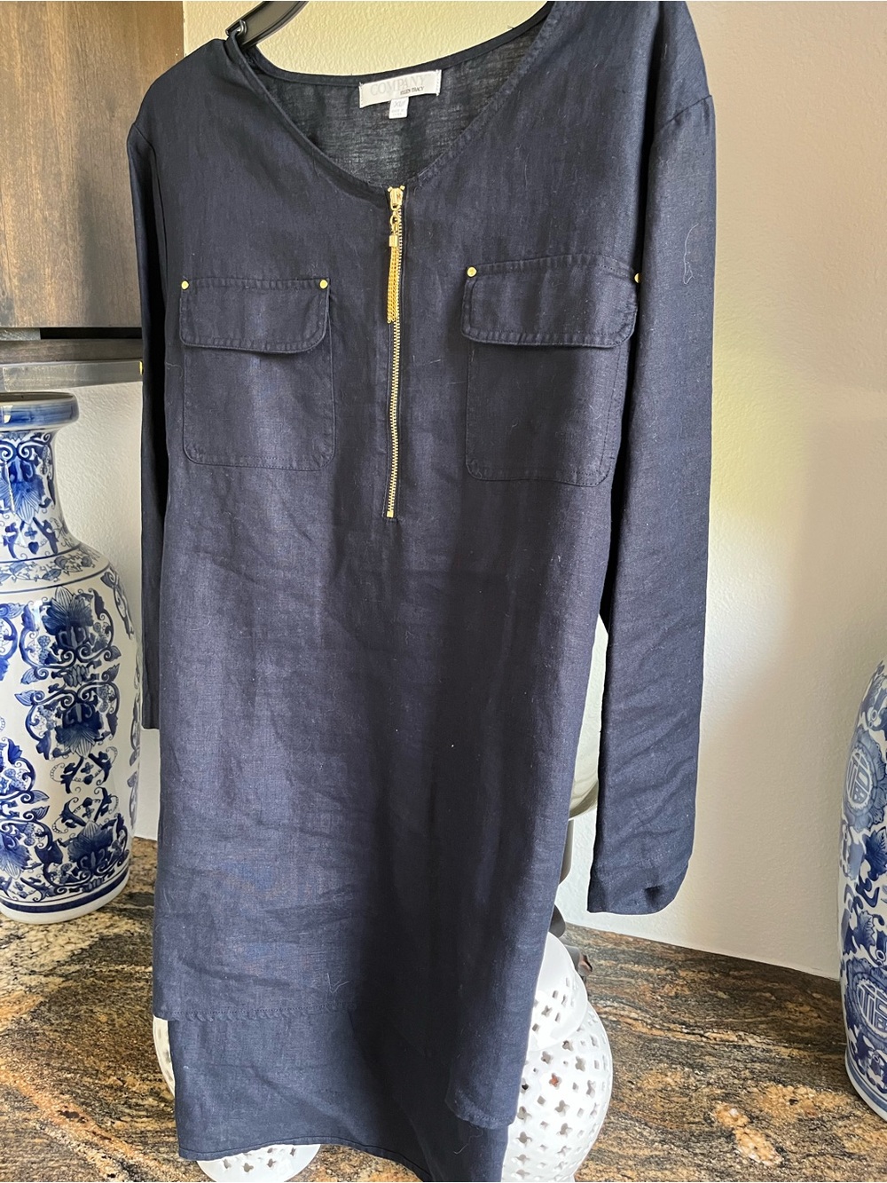 Blue Linen Zip-Pocket Tunic Dress with Gold Hardware